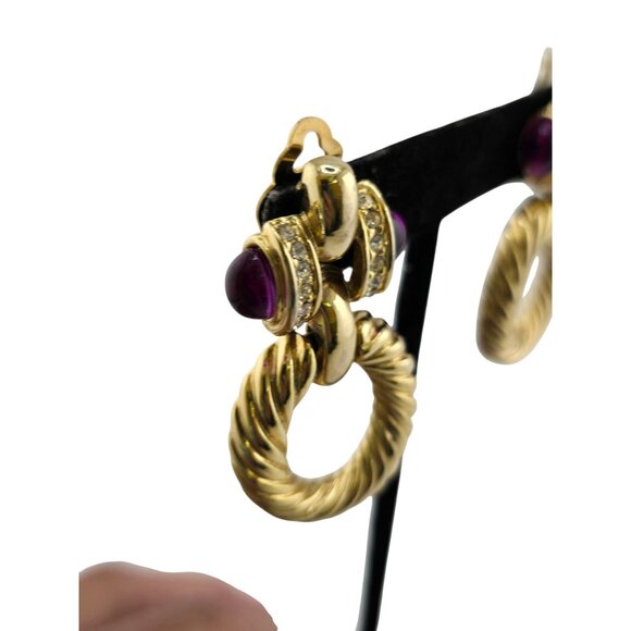Vintage 80s 2-Tone Purple Mogul Rhinestone Twisted Gold-Plated Hoop Earrings - Picture 4 of 8